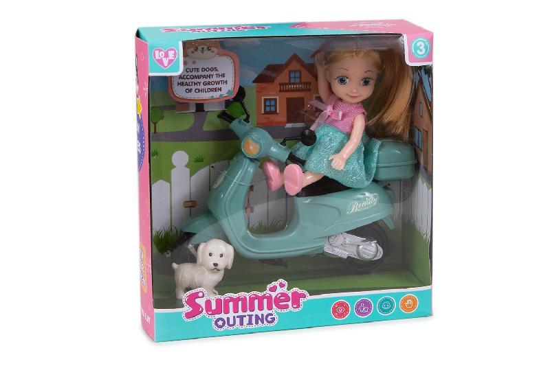 MUÑECA  CON  MOTO Y PERRO  EN CAJA